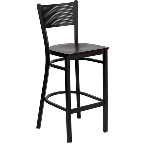 Samson Series Black Grid Back Metal Barstool, Mahogany Wood Seat