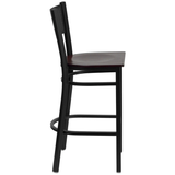 Samson Series Black Grid Back Metal Barstool, Mahogany Wood Seat
