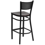 Samson Series Black Grid Back Metal Barstool, Mahogany Wood Seat
