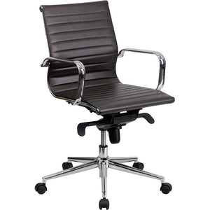 Mid-Back Ribbed LeatherSoft Swivel Conference Office Chair with Knee-Tilt Control and Arms