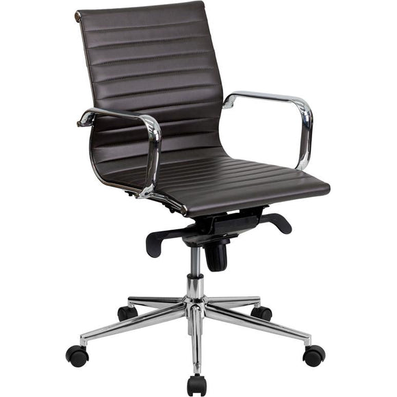 Mid-Back Ribbed LeatherSoft Swivel Conference Office Chair with Knee-Tilt Control and Arms