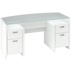 Kathy Ireland Office By Bush Outlet New York Skyline 63" Double Pedestal Desk With Bow Front Glass Top, Plumeria White, 30 1/4" x 63 1/4" x 28", Plumeria White