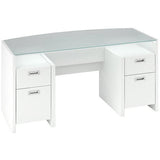 Kathy Ireland Office By Bush Outlet New York Skyline 63" Double Pedestal Desk With Bow Front Glass Top, Plumeria White, 30 1/4" x 63 1/4" x 28", Plumeria White