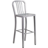 30'' High Silver Metal Indoor-Outdoor Barstool with Vertical Slat Back