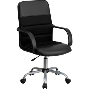 Mid-Back Black Leather and Mesh Swivel Task Chair with Arms