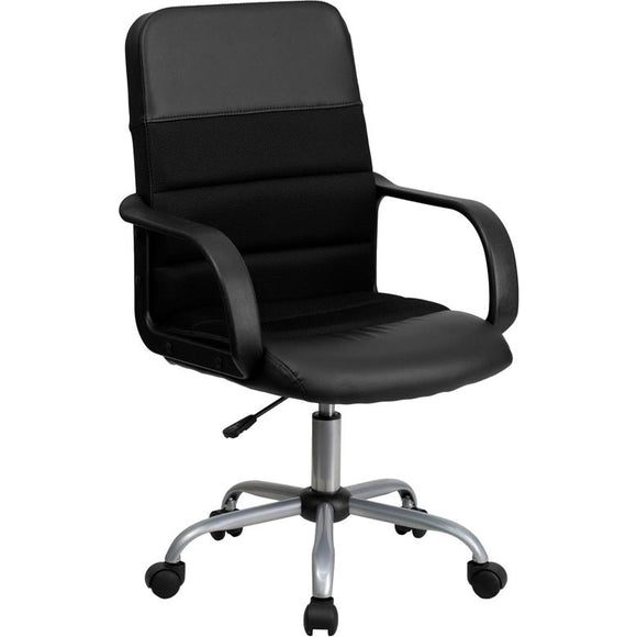Mid-Back Black Leather and Mesh Swivel Task Chair with Arms