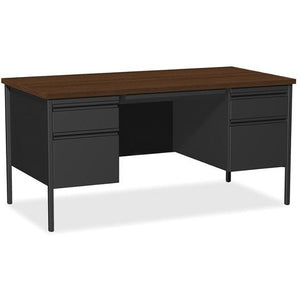 Lorell Fortress Series 60"W Steel Double Pedestal Desk, Black /Walnut