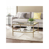Southern Enterprises Keller Square Metal/Glass Open-Shelf 32" Cocktail Table, Rectangular, Clear/Gold