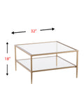 Southern Enterprises Keller Square Metal/Glass Open-Shelf 32" Cocktail Table, Rectangular, Clear/Gold