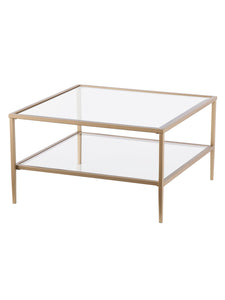 Southern Enterprises Keller Square Metal/Glass Open-Shelf 32" Cocktail Table, Rectangular, Clear/Gold