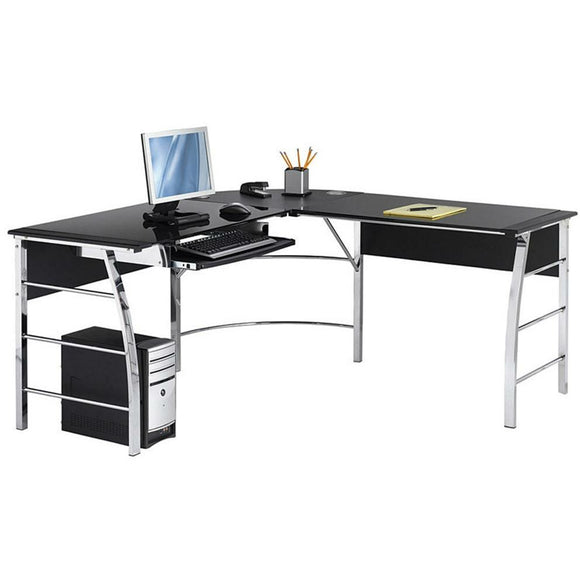 Realspace Outlet Mezza L-Shaped Glass Computer Desk, Black/Chrome