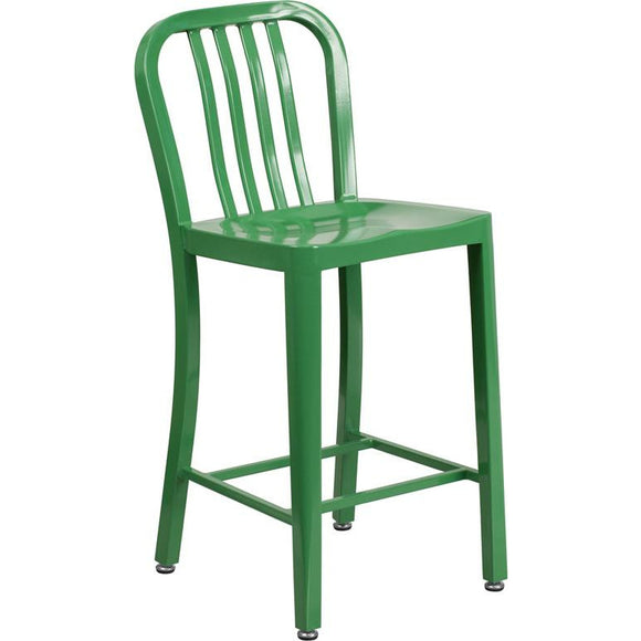 30'' High Silver Metal Indoor-Outdoor Barstool with Vertical Slat Back