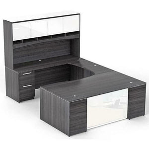 Chiarezza Executive U-Shaped Desk with Overhead Hutch and White Glass Accents