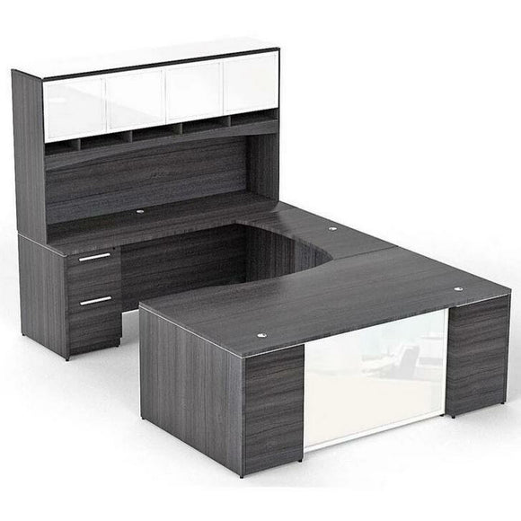 Chiarezza Executive U-Shaped Desk with Overhead Hutch and White Glass Accents