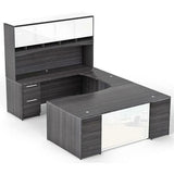 Chiarezza Executive U-Shaped Desk with Overhead Hutch and White Glass Accents