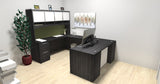 Chiarezza Executive U-Shaped Desk with Overhead Hutch and White Glass Accents