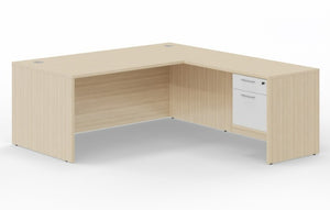 Leah Manager L-Shaped Desk with Locking Hanging Box/File Pedestal Drawers, 63"Wide x 73"D,  Sand Ash/White