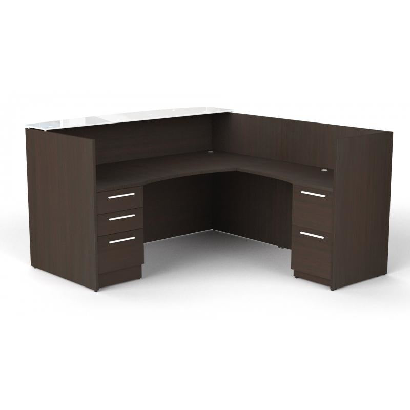 Chiarezza L-Shaped Reception Desk with Floated White Glass