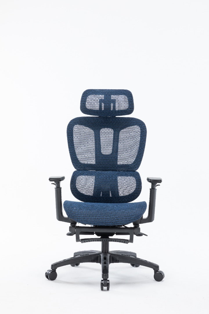Sharpline Plus Ergo8 Mesh Office Chair w/ Adjustable Headrest and Retractable Footrest, Navy Blue