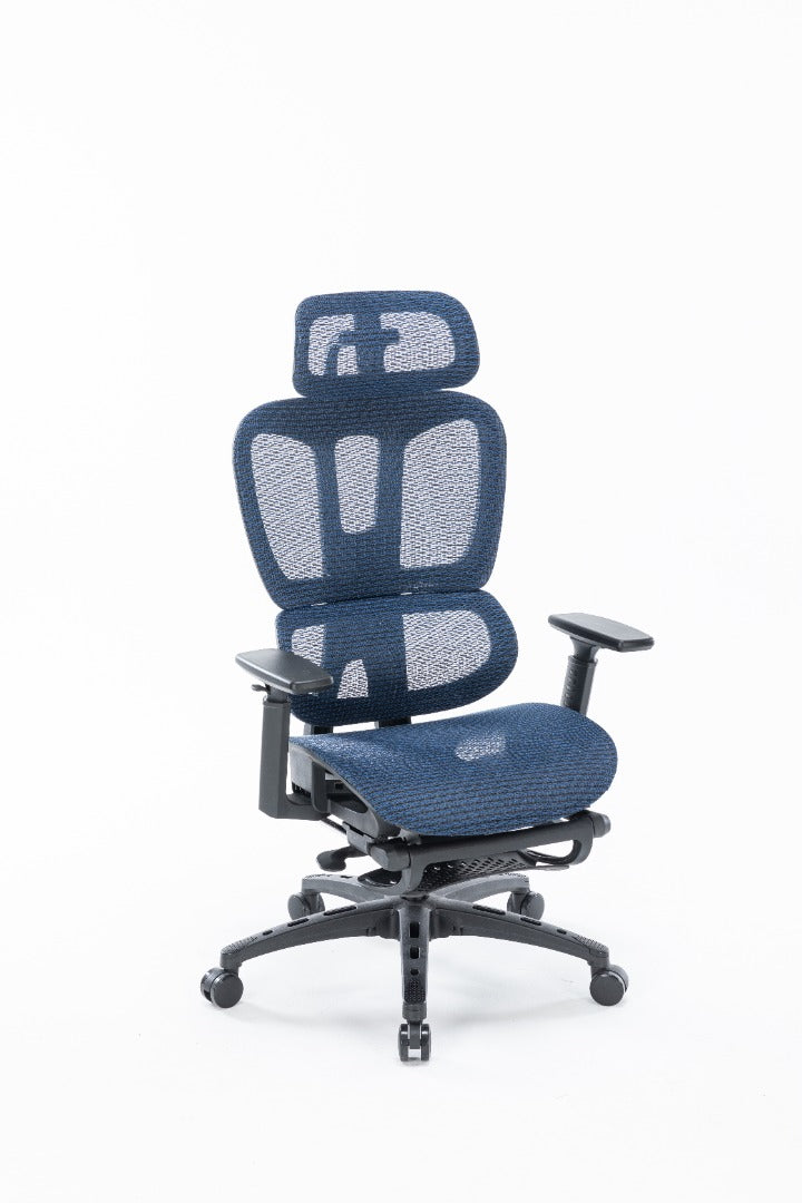 Sharpline Plus Ergo8 Mesh Office Chair w/ Adjustable Headrest and Retractable Footrest, Navy Blue