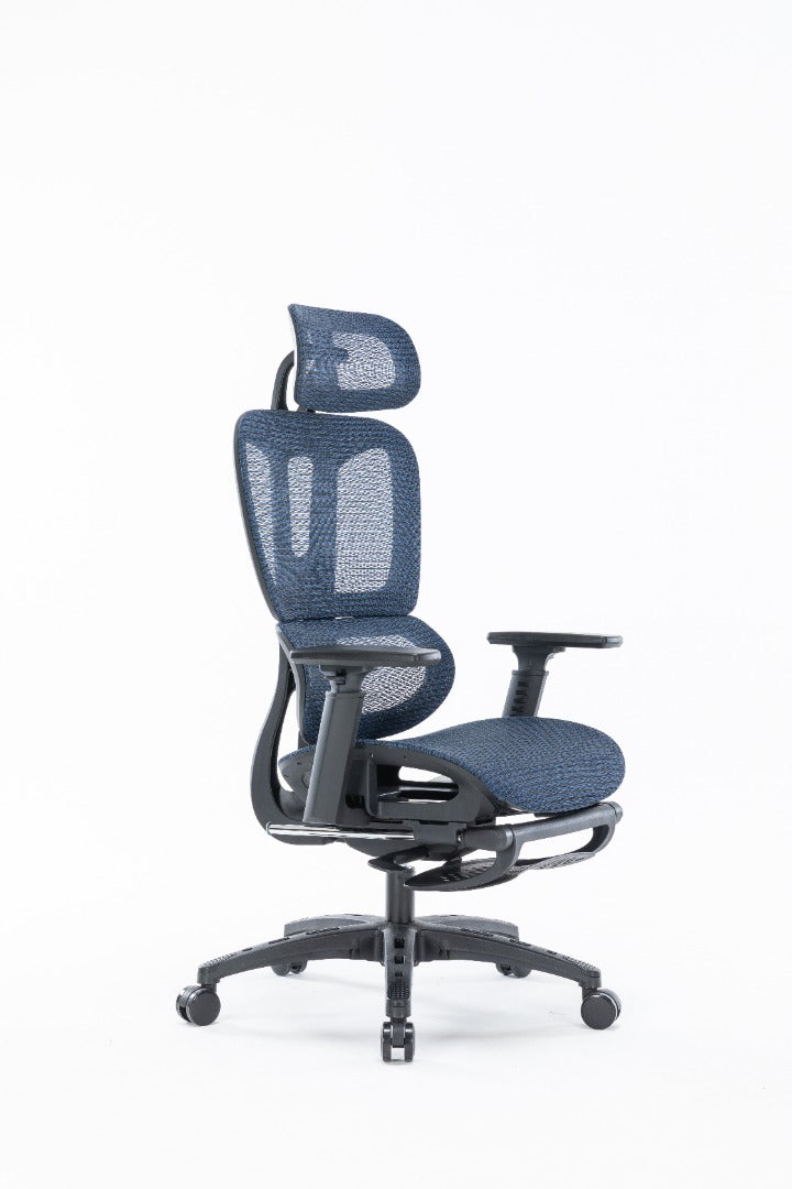 Sharpline Plus Ergo8 Mesh Office Chair w/ Adjustable Headrest and Retractable Footrest, Navy Blue