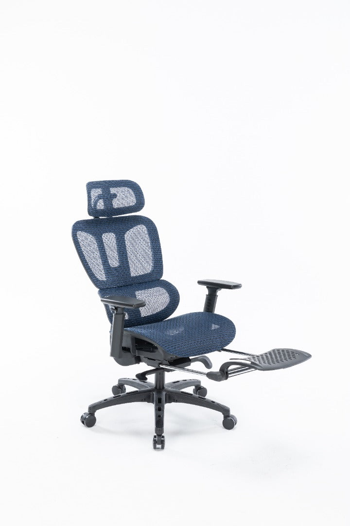 Sharpline Plus Ergo8 Mesh Office Chair w/ Adjustable Headrest and Retractable Footrest, Navy Blue