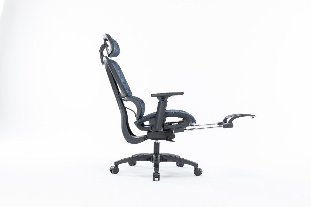 Sharpline Plus Ergo8 Mesh Office Chair w/ Adjustable Headrest and Retractable Footrest, Navy Blue