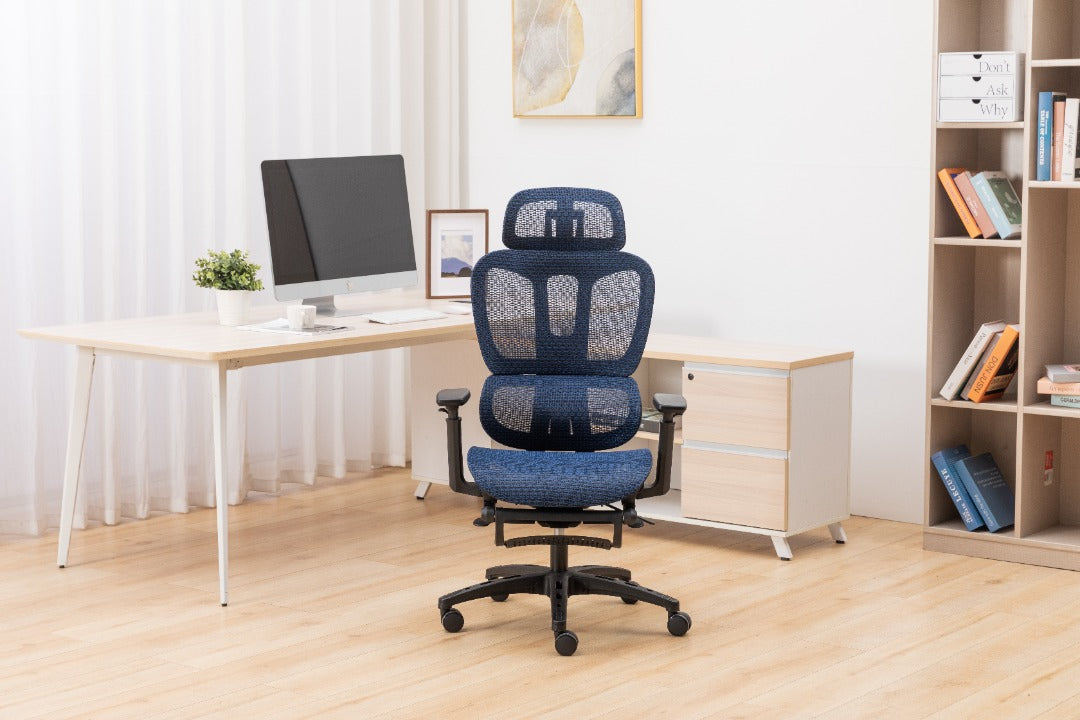 Sharpline Plus Ergo8 Mesh Office Chair w/ Adjustable Headrest and Retractable Footrest, Navy Blue