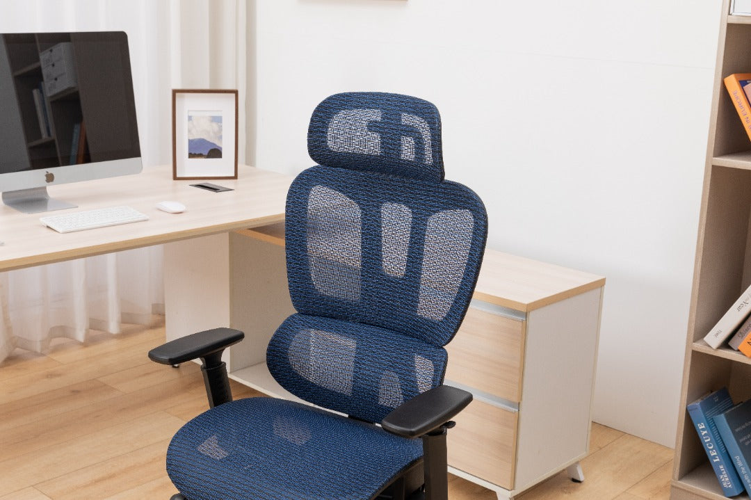 Sharpline Plus Ergo8 Mesh Office Chair w/ Adjustable Headrest and Retractable Footrest, Navy Blue