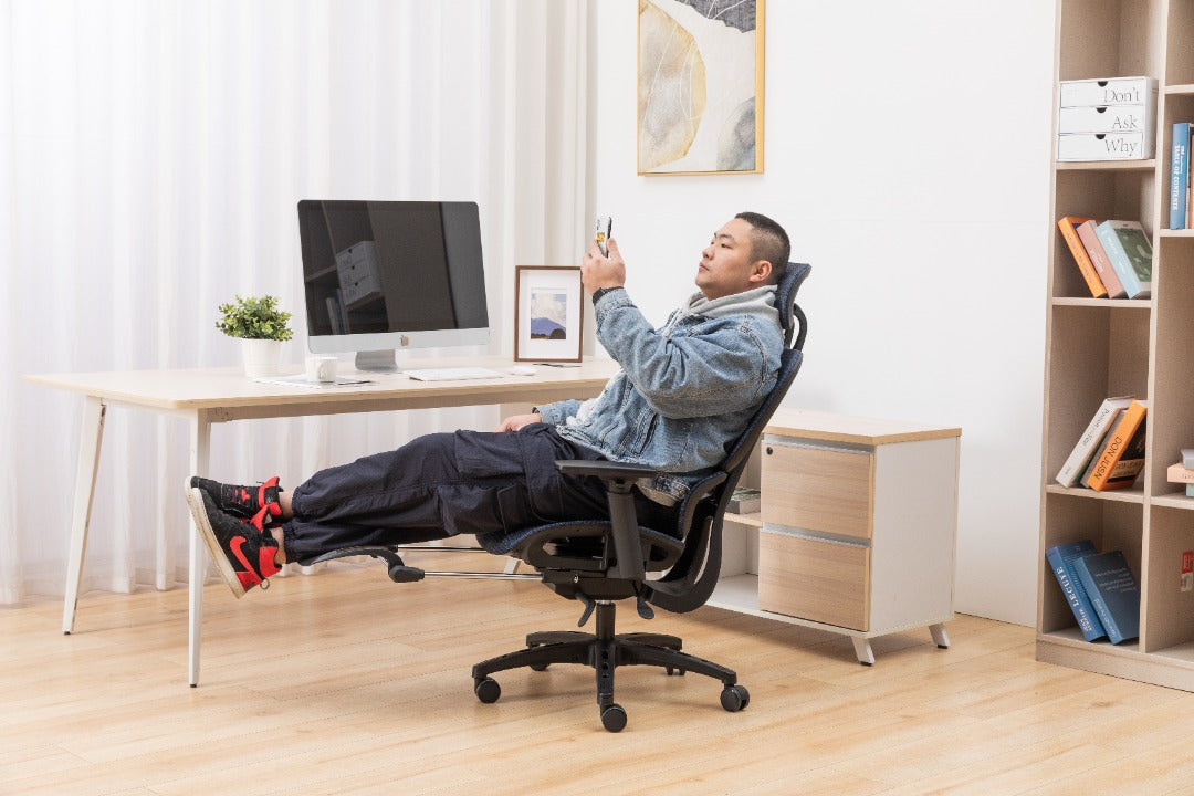 Sharpline Plus Ergo8 Mesh Office Chair w/ Adjustable Headrest and Retractable Footrest, Navy Blue