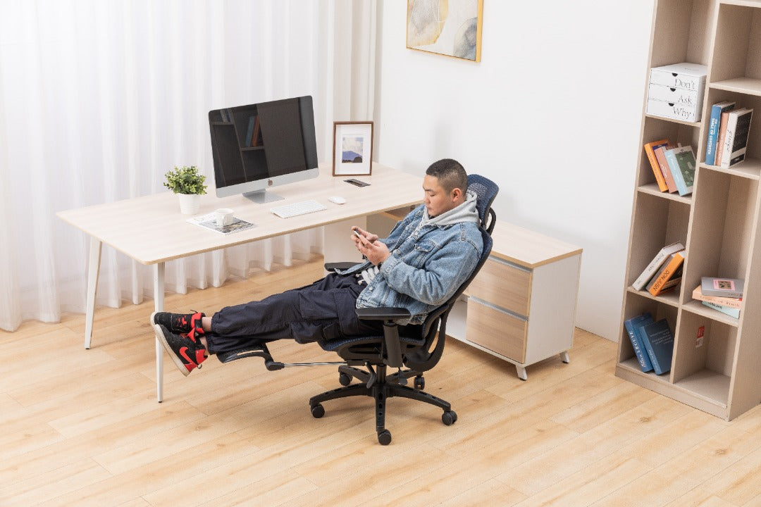 Sharpline Plus Ergo8 Mesh Office Chair w/ Adjustable Headrest and Retractable Footrest, Navy Blue
