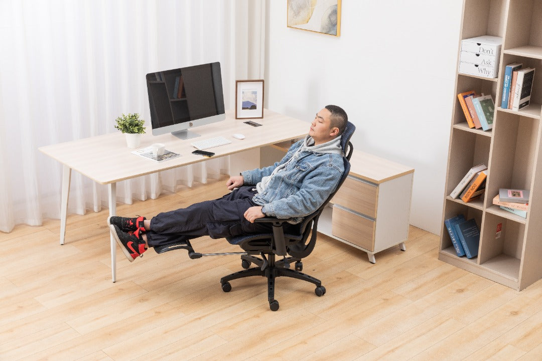Sharpline Plus Ergo8 Mesh Office Chair w/ Adjustable Headrest and Retractable Footrest, Navy Blue