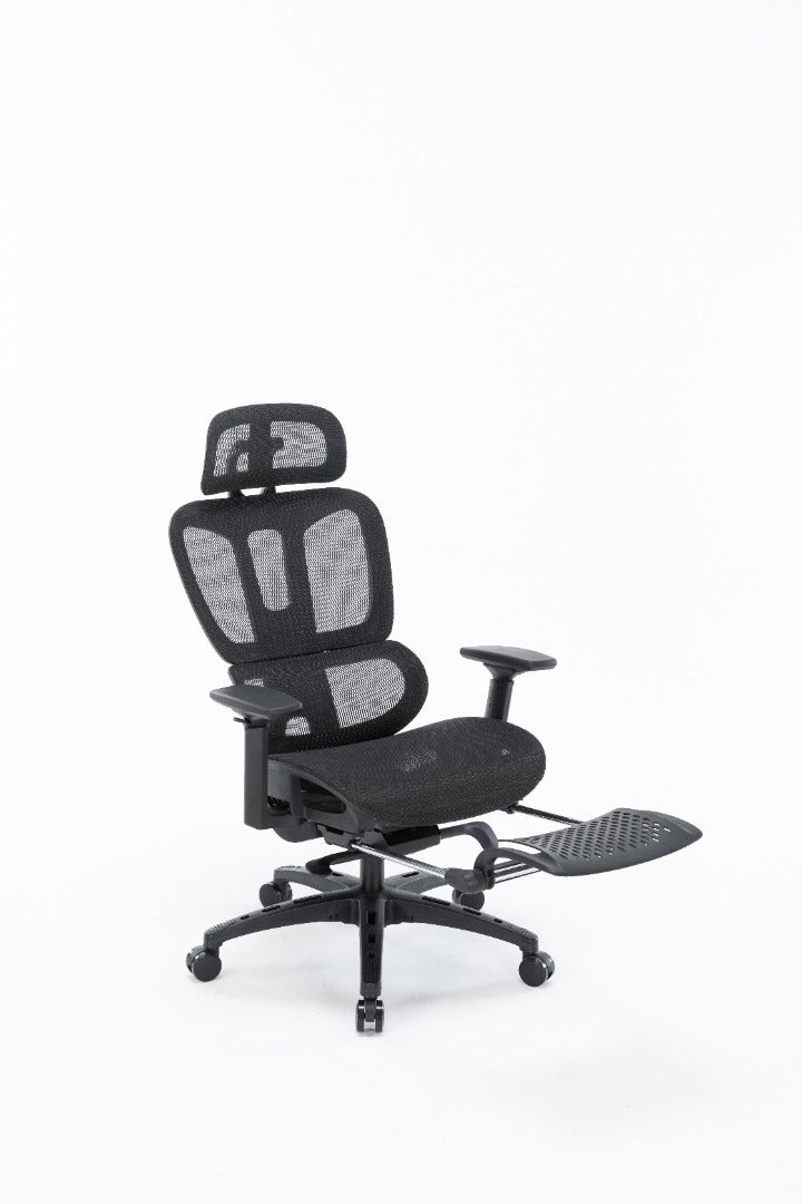 Sharpline Plus Ergo8 Mesh Office Chair w/ Adjustable Headrest and Retractable Footrest, Jet Black