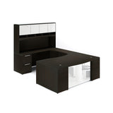 Chiarezza Bow Front Executive U-Shaped Desk with Overhead Hutch and White Glass Accents