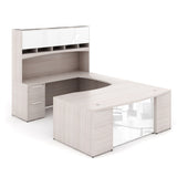 Chiarezza Bow Front Executive U-Shaped Desk with Overhead Hutch and White Glass Accents