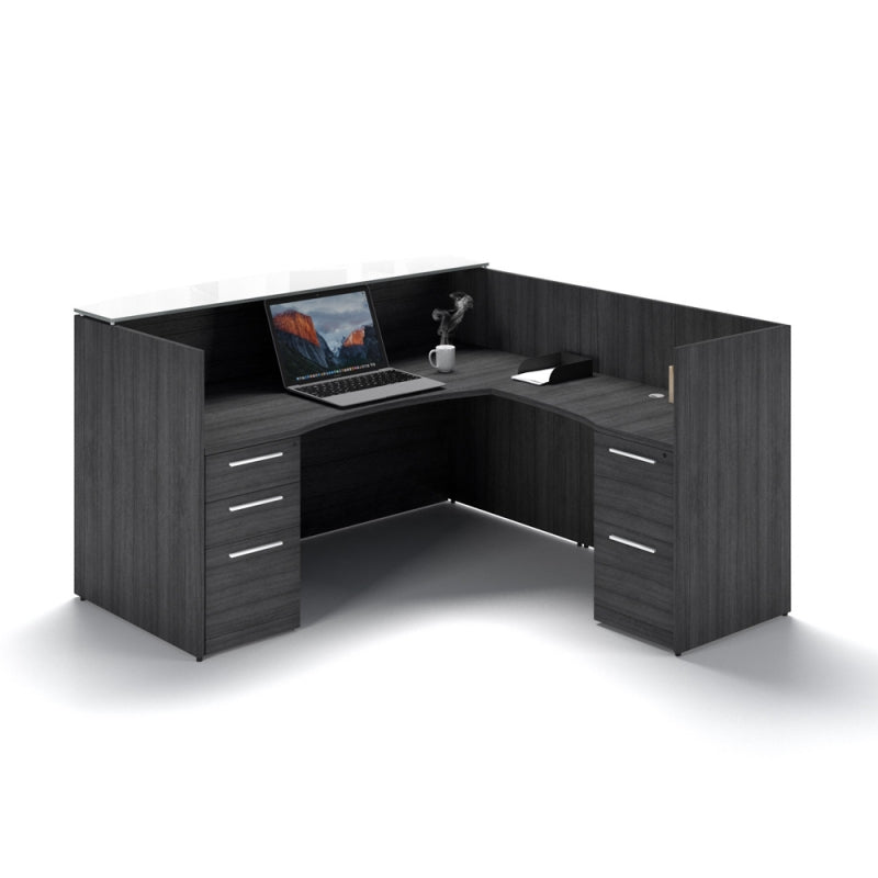 Chiarezza L-Shaped Reception Desk with Floated White Glass