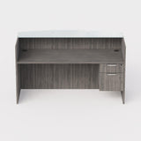 Sheridan Reception Desk with Ultra White Glass Floating Transaction Counter and locking Box/File Drawers 72"Wide x 36"D x 42"H, Stone Gray/White