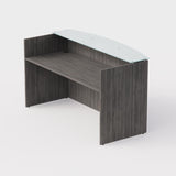 Sheridan Reception Desk Shell with Ultra White Glass Floating Transaction Counter, 72"Wide x 36"D x 42"H, Stone Gray/White