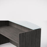 Sheridan Reception Desk Shell with Ultra White Glass Floating Transaction Counter, 72"Wide x 36"D x 42"H, Stone Gray/White