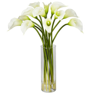 Mini Calla Lilly Silk Flower Arrangement in Glass Cylinder Vase