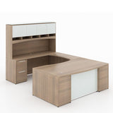 Chiarezza Bow Front Executive U-Shaped Desk with Overhead Hutch and White Glass Accents