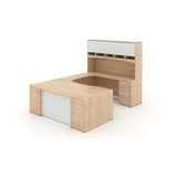 Chiarezza Bow Front Executive U-Shaped Desk with Overhead Hutch and White Glass Accents