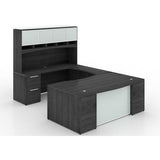 Chiarezza Bow Front Executive U-Shaped Desk with Overhead Hutch and White Glass Accents