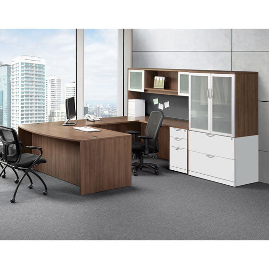 Empresario Executive U-Shaped Desk with Glass Door Hutch and Storage Cabinets