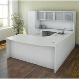 Empresario U-Shaped Bow Front Desk Workstation with Double Glass Doors Hutch and Personal Unit