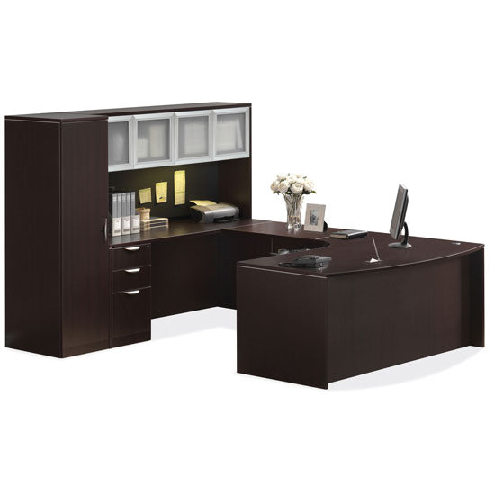 Empresario U-Shaped Bow Front Desk Workstation with Double Glass Doors Hutch and Personal Unit
