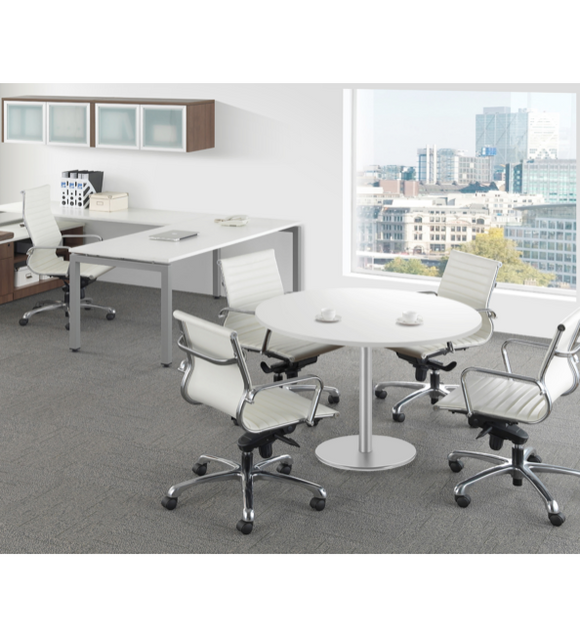 Lucid Suite with L-Shaped Desk, Floating Hutch and Round Meeting Table