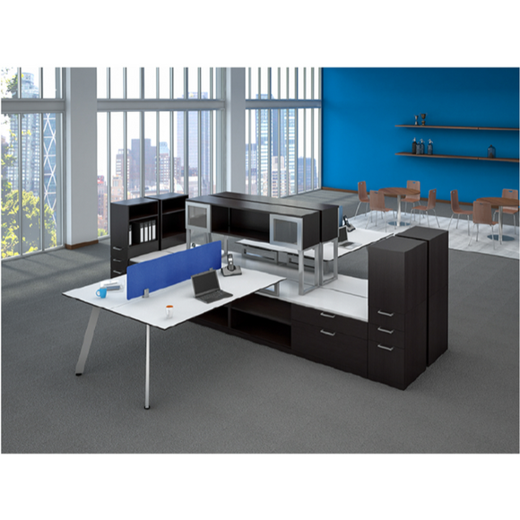 Lucid Shared Work Space with Credenzas, Dividers, and Overhead Storage